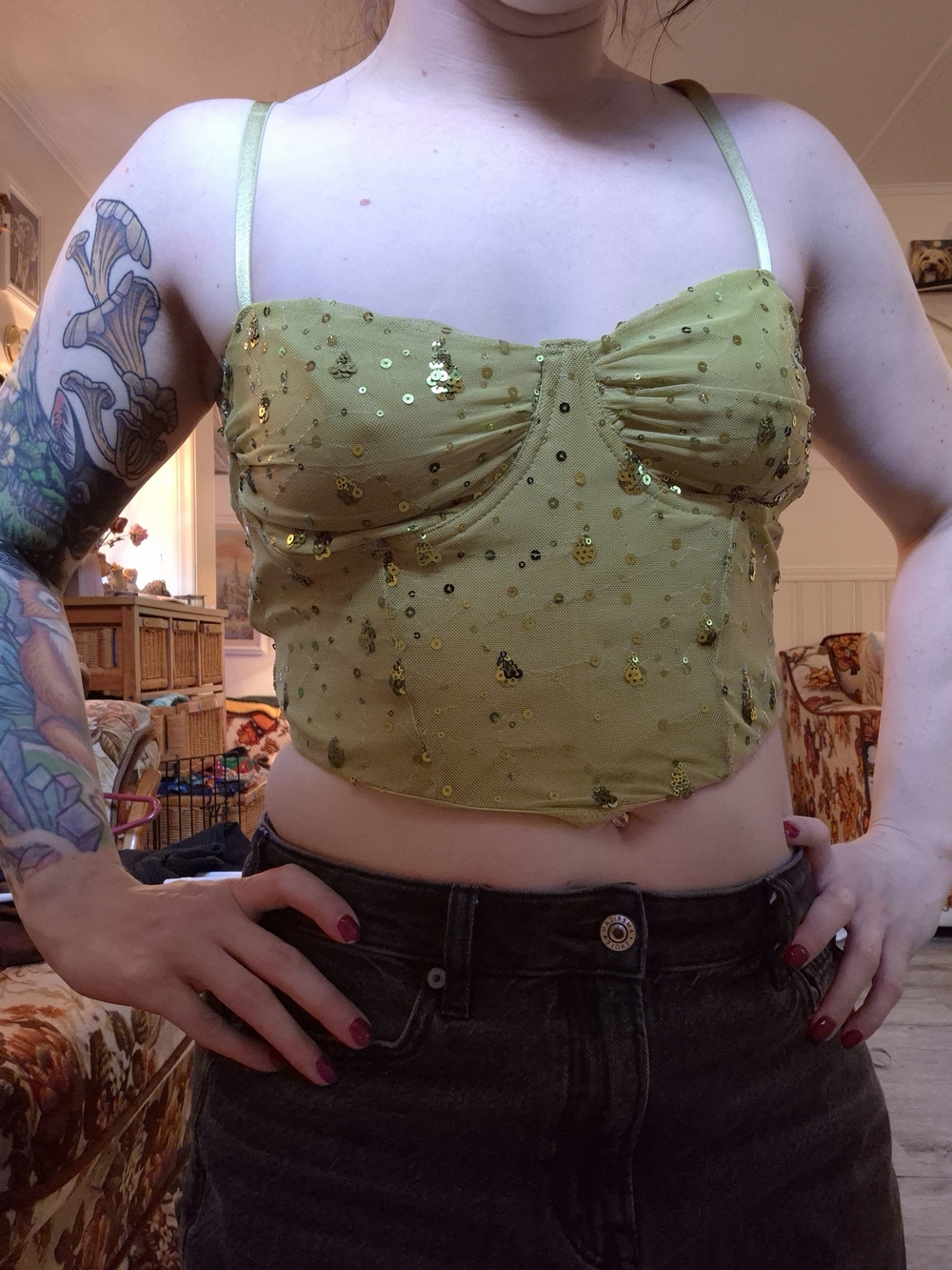 SHEIN Green Sequin Crop Cami Top